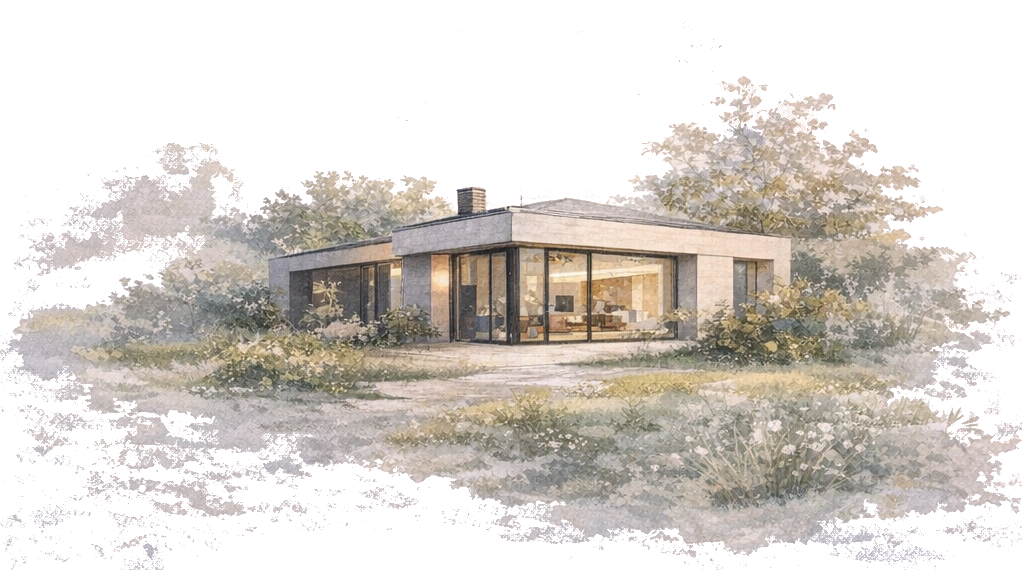 Akwarelowa ilustracja nowoczesnego domu prefabrykowanego